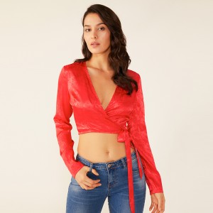 Frauen-Damen-beiläufige Sommer-rote Bindungs-reizvolle Blumendruck-Oberseiten-Bluse kleidet Oem